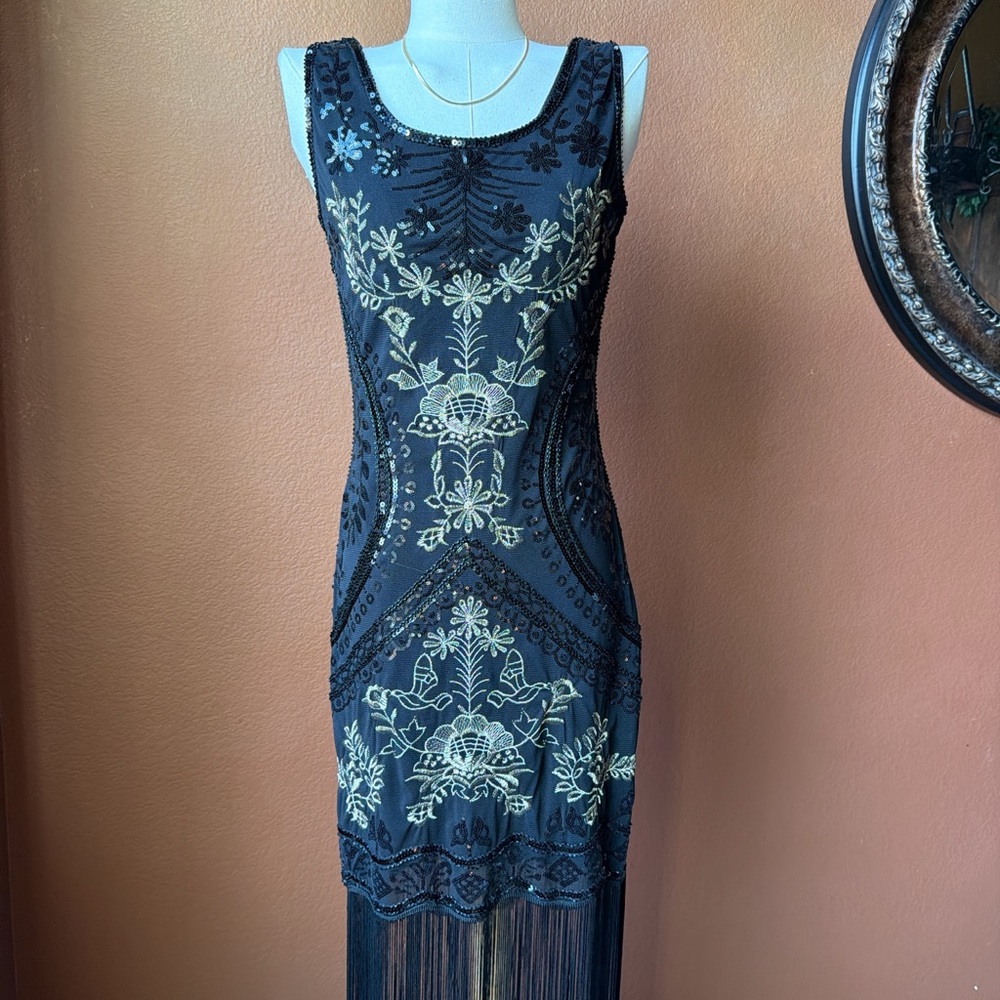 Black Gold Beaded 1920s Flapper Fringe Dress – Gatsby Vintage Style Size Small